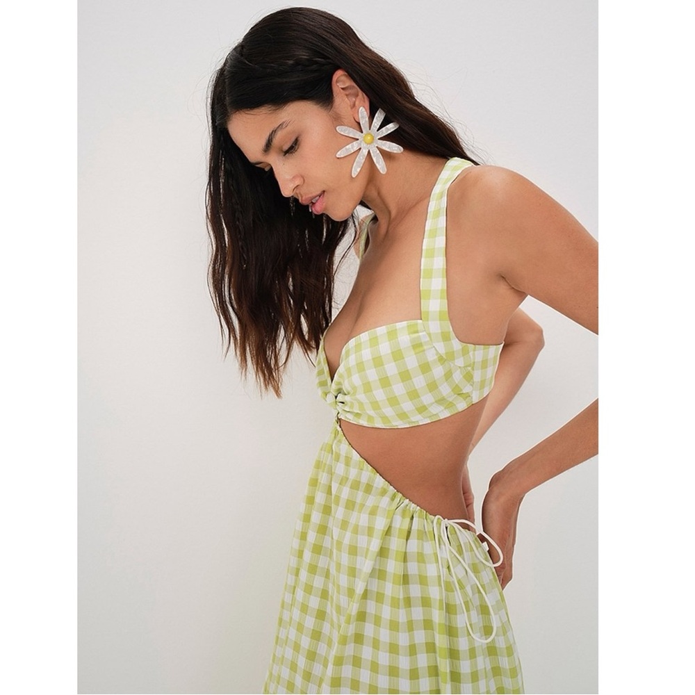 For Love & Lemons Maureen Midi Dress Size Small Neon Green Gingham Cut Out NWT - Picture 7 of 15